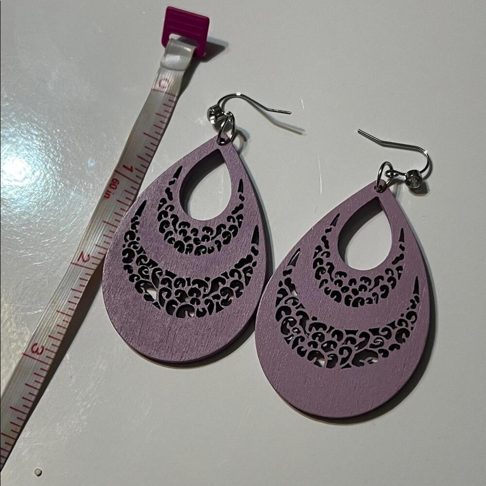 Purple Wooden Teardrop Earrings with Intricate Cutout Design - Picture 3 of 3